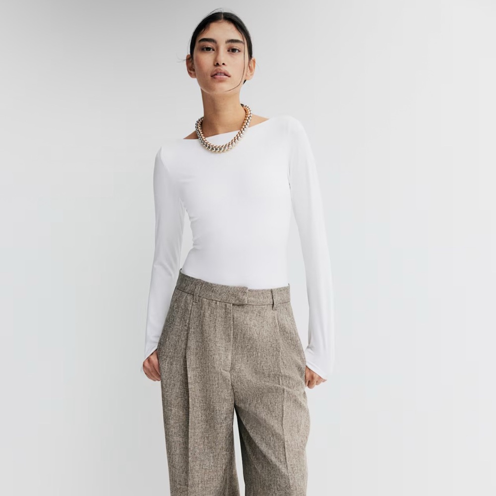 NWOT Abercrombie Long-Sleeve Cotton-Modal Slash Bodysuit in White XL